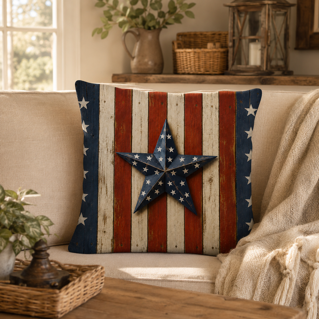 Rustic Americana star throw pillow cover styled on a cozy living room sofa.