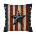 Rustic Americana star throw pillow cover featuring weathered wood barn flag design on white background.
