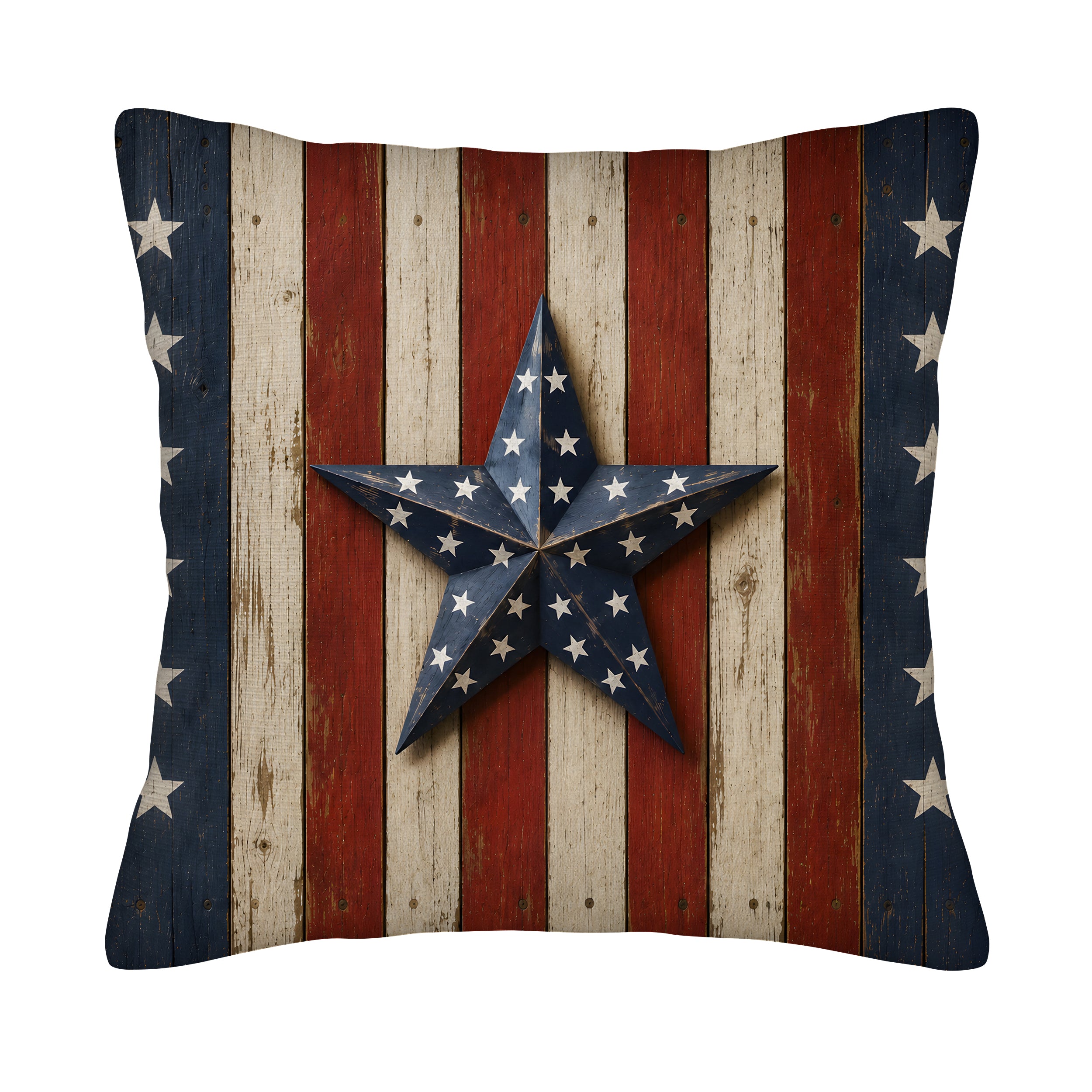 Rustic Americana star throw pillow cover featuring weathered wood barn flag design on white background.