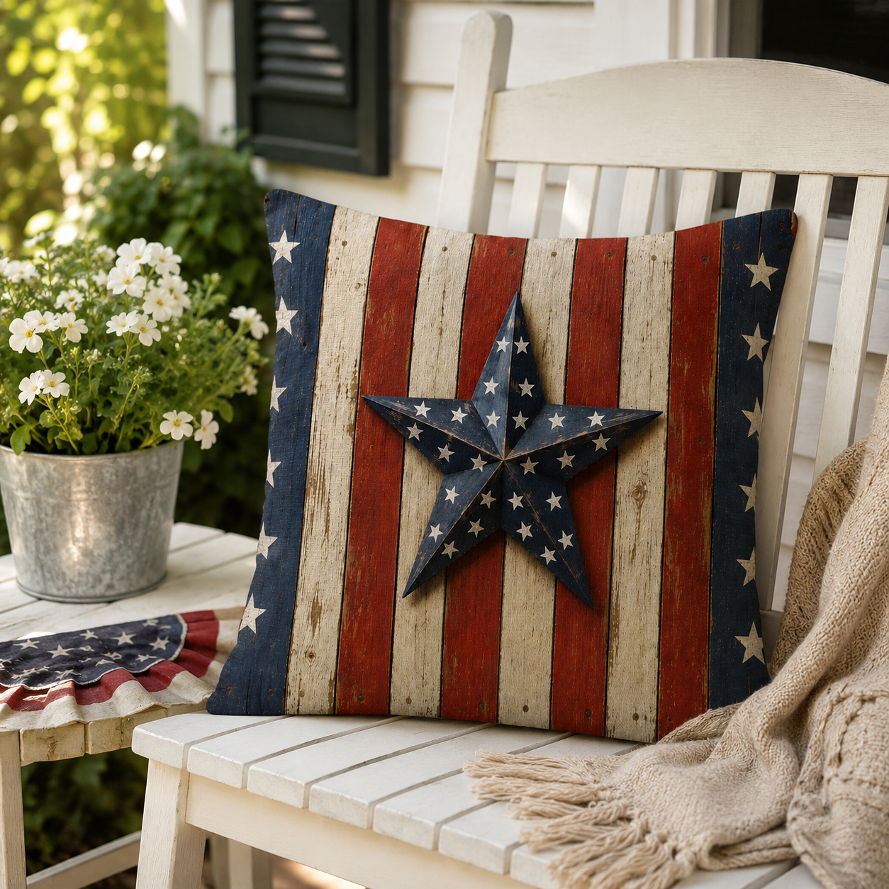 Patriotic rustic star pillow cover displayed on a white wooden rocking chair on the front porch.