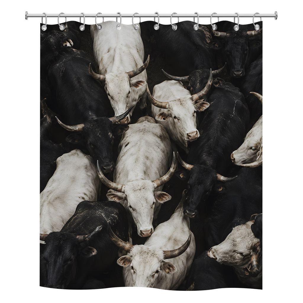 A square polyester shower curtain isolated on a pure white background, featuring a dramatic overhead photography composition of a crowded herd of black and white longhorn cattle.