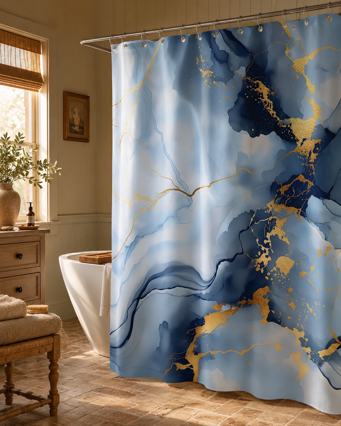Alt text: Modern blue and gold marble print shower curtain hanging in a rustic farmhouse bathroom with wood accents.