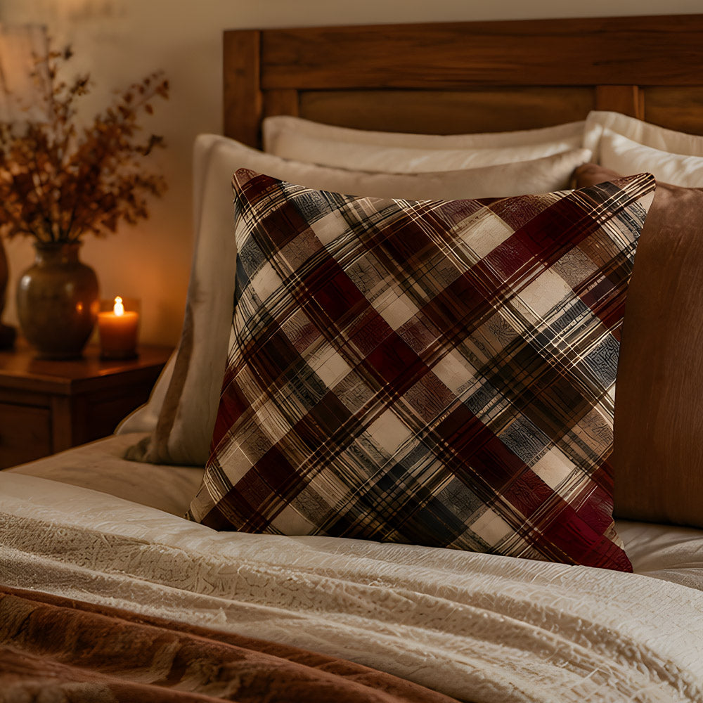 A rustic cabin style plaid throw pillow styled on a bed with a warm wooden headboard, neutral colored linens, and a glowing candle on the bedside nightstand.