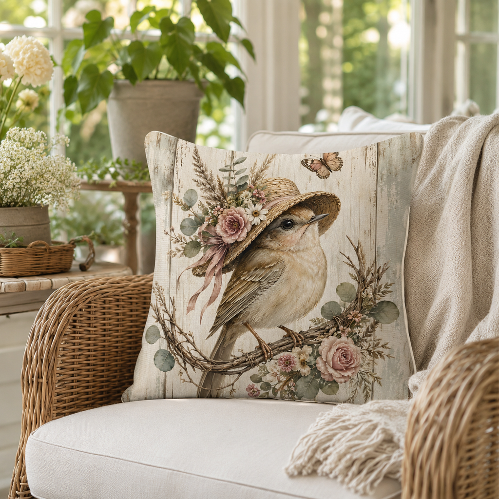 A rustic floral songbird decorative throw pillow nestled in a cozy wicker armchair on a sunporch, decorated with soft fringed blankets and fresh green potted plants.