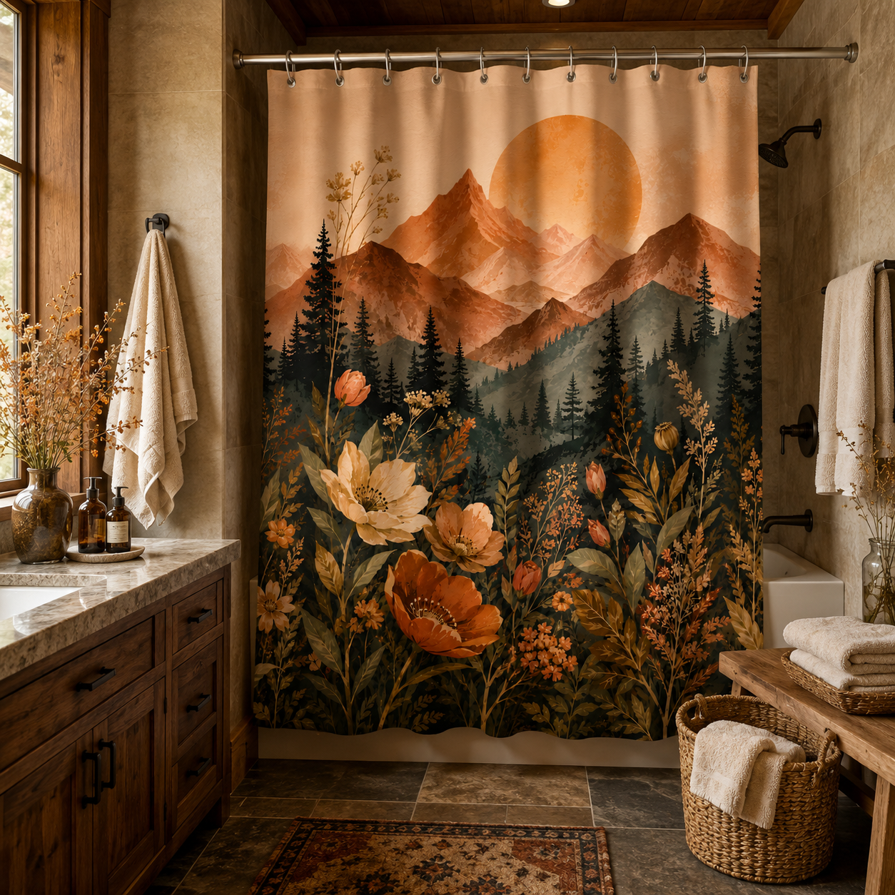 Rustic nature-themed shower curtain with earthy tones of mountains and wildflowers, complementing a dark wood vanity and tiled floor.