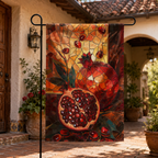 Mosaic pomegranate garden flag displayed in a rustic courtyard with terracotta tiles and warm sunlight.