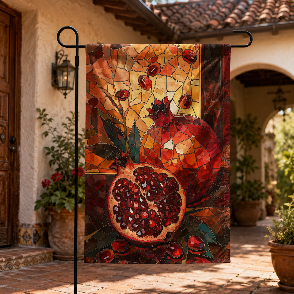 Mosaic pomegranate garden flag displayed in a rustic courtyard with terracotta tiles and warm sunlight.