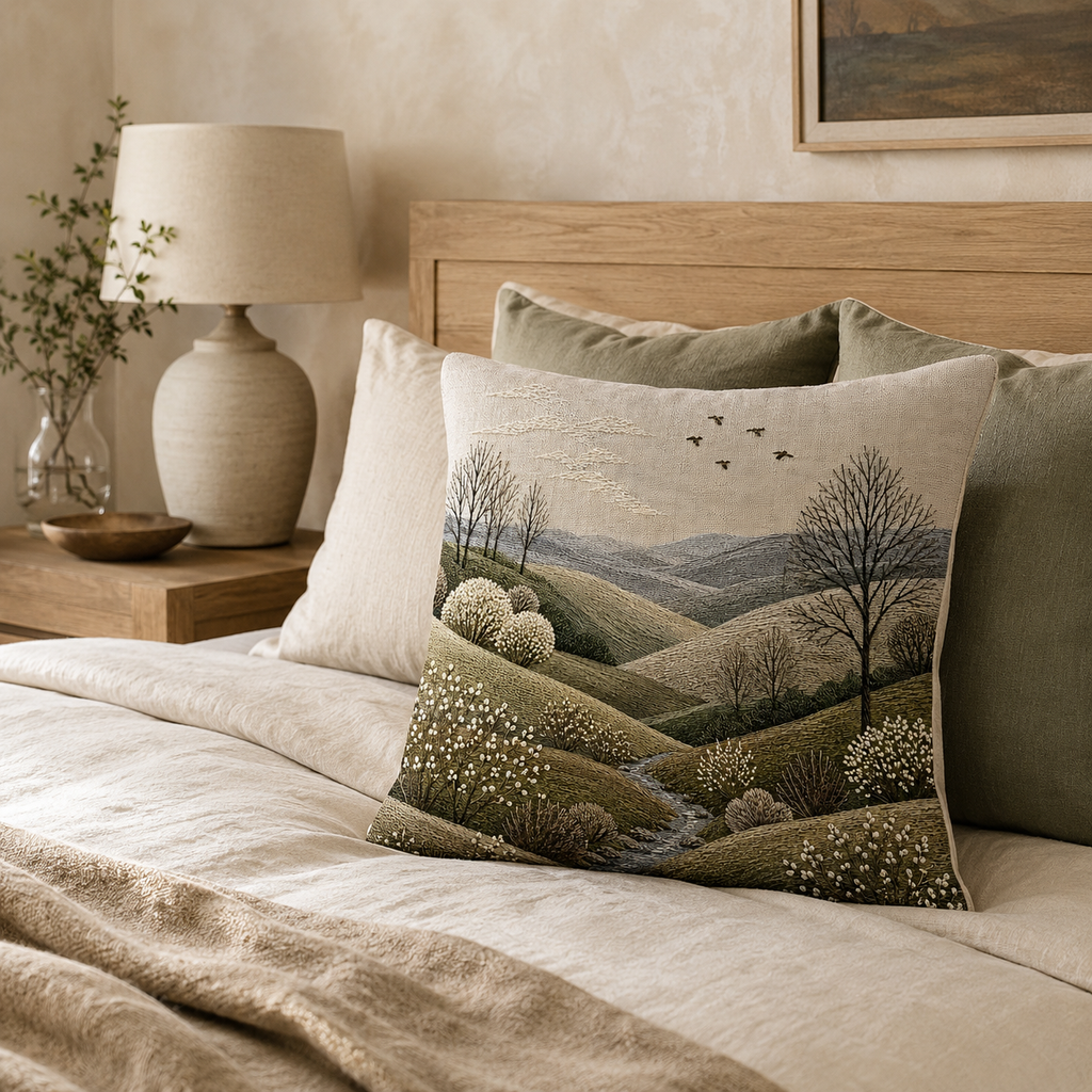 A scenic embroidered accent pillow depicting a green valley and flying birds, arranged on a cozy bed with sage green pillows and neutral linen bedding in a rustic country-style bedroom.