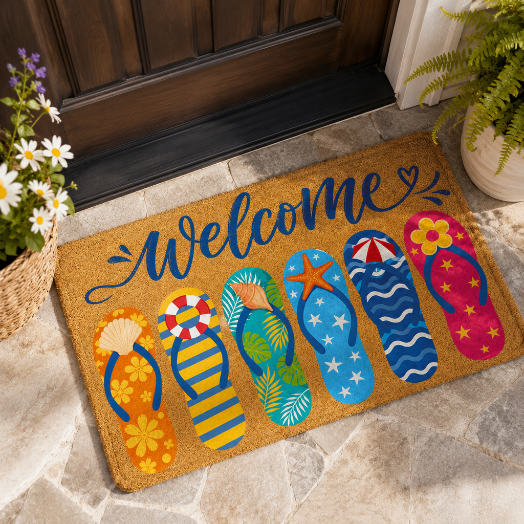 A colorful summer flip-flops welcome mat placed on a rustic stone porch floor next to blooming white daisies and green ferns.