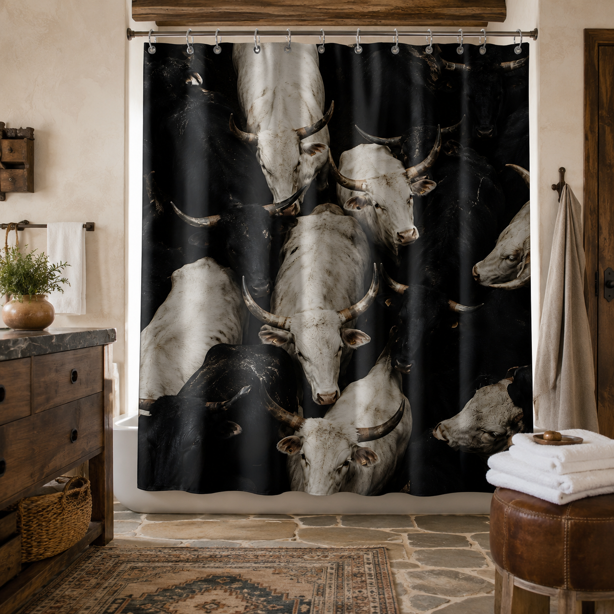 A rustic western shower curtain with a black and white longhorn cattle herd print, in a farmhouse bathroom featuring dark wood vanity, stone tile floor, and leather stool.