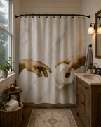 Cozy rustic bathroom with a dark wood vanity, a woven laundry basket, and warm lighting, featuring a funny marble-textured shower curtain with a toilet paper parody print.