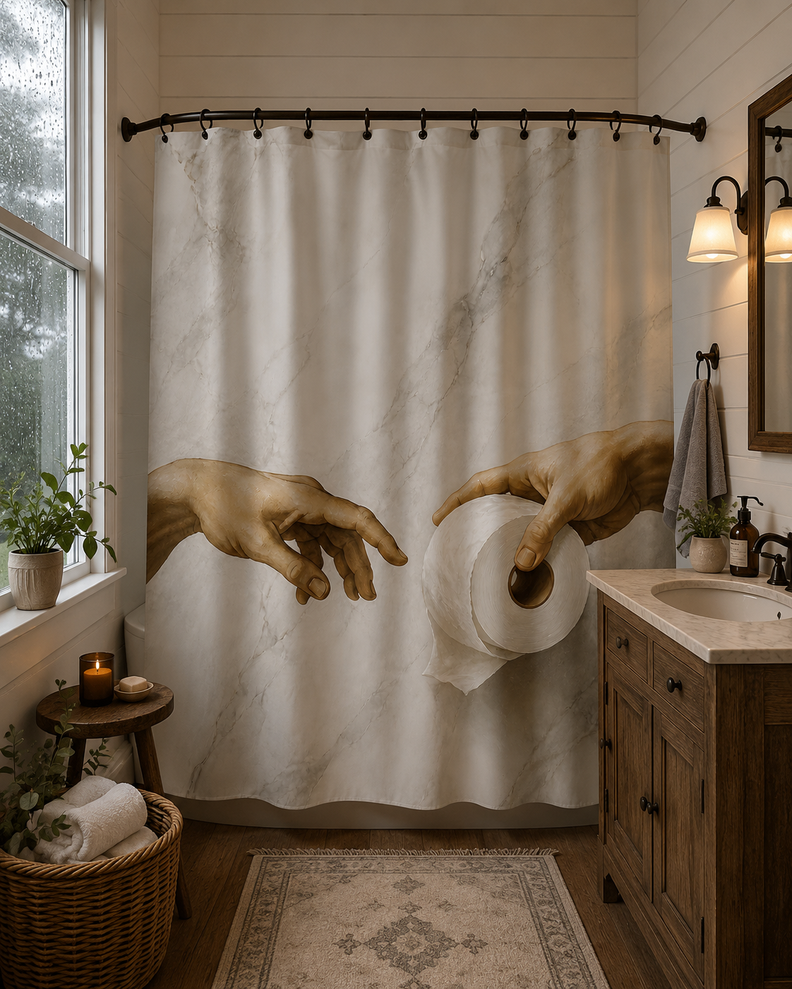 Cozy rustic bathroom with a dark wood vanity, a woven laundry basket, and warm lighting, featuring a funny marble-textured shower curtain with a toilet paper parody print.