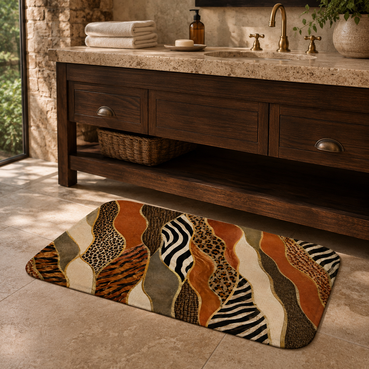 An eclectic animal pattern doormat resting on tile floors before a rich wooden bathroom wash vanity.