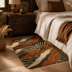A multi-patterned animal print floor mat accenting a cozy bohemian bedroom next to a nightstand.