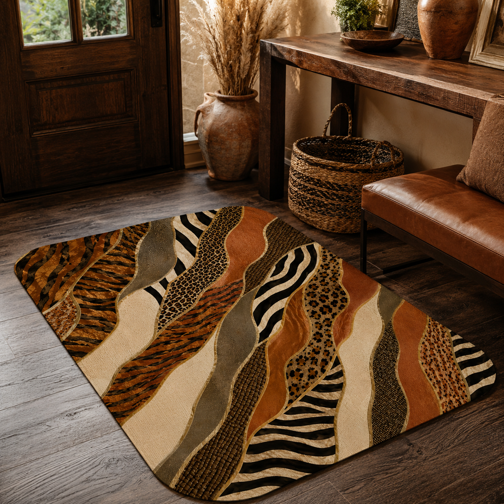 A bold animal print patchwork doormat styled on dark wood flooring in a rustic entryway setup.