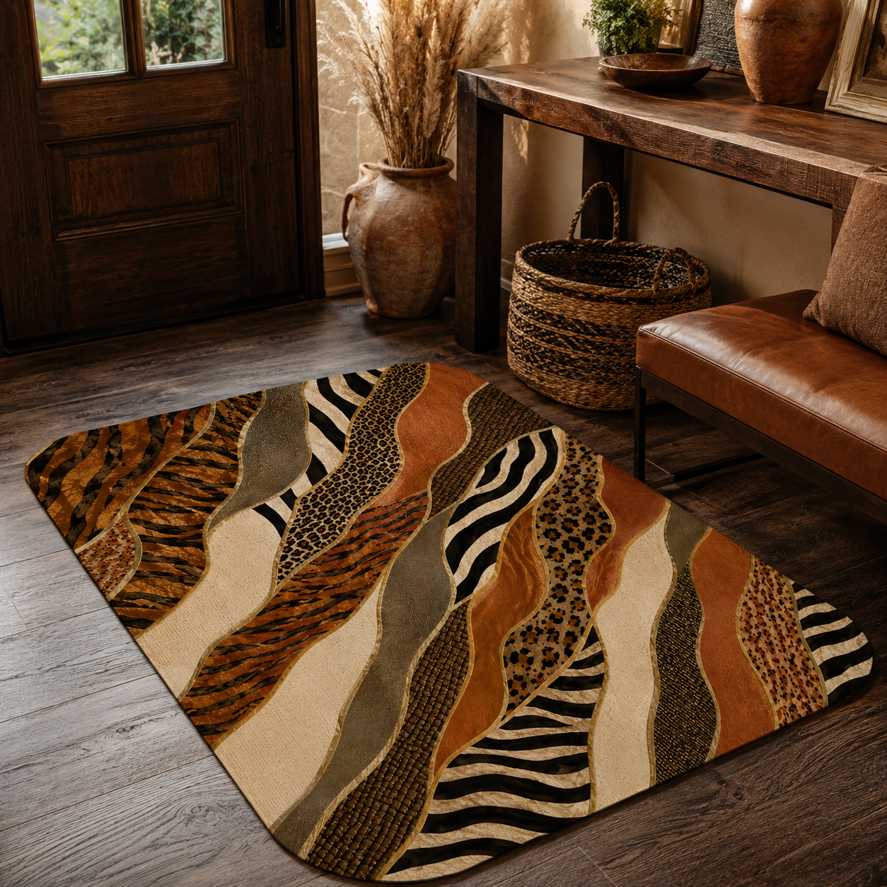 A bold animal print patchwork doormat styled on dark wood flooring in a rustic entryway setup.