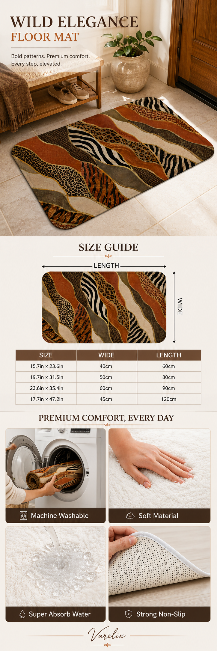 A detailed product infographic presenting dimensions, non-slip backing, and plush textures of a wild elegance doormat.