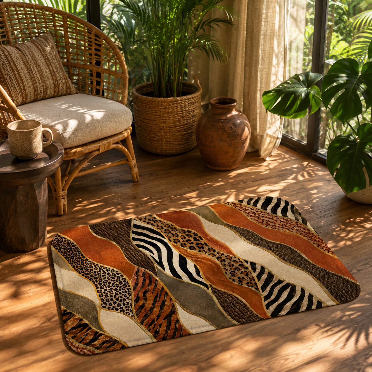 A mixed animal print decorative mat on a sun-drenched hardwood floor in a stylized living corner.