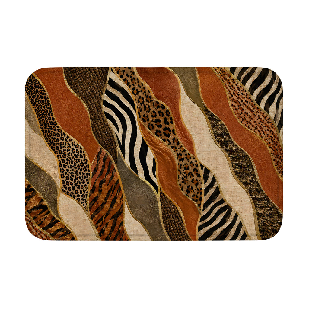 A rectangular doormat showcasing a patchwork of cheetah, leopard, tiger, and zebra animal prints on a white background.