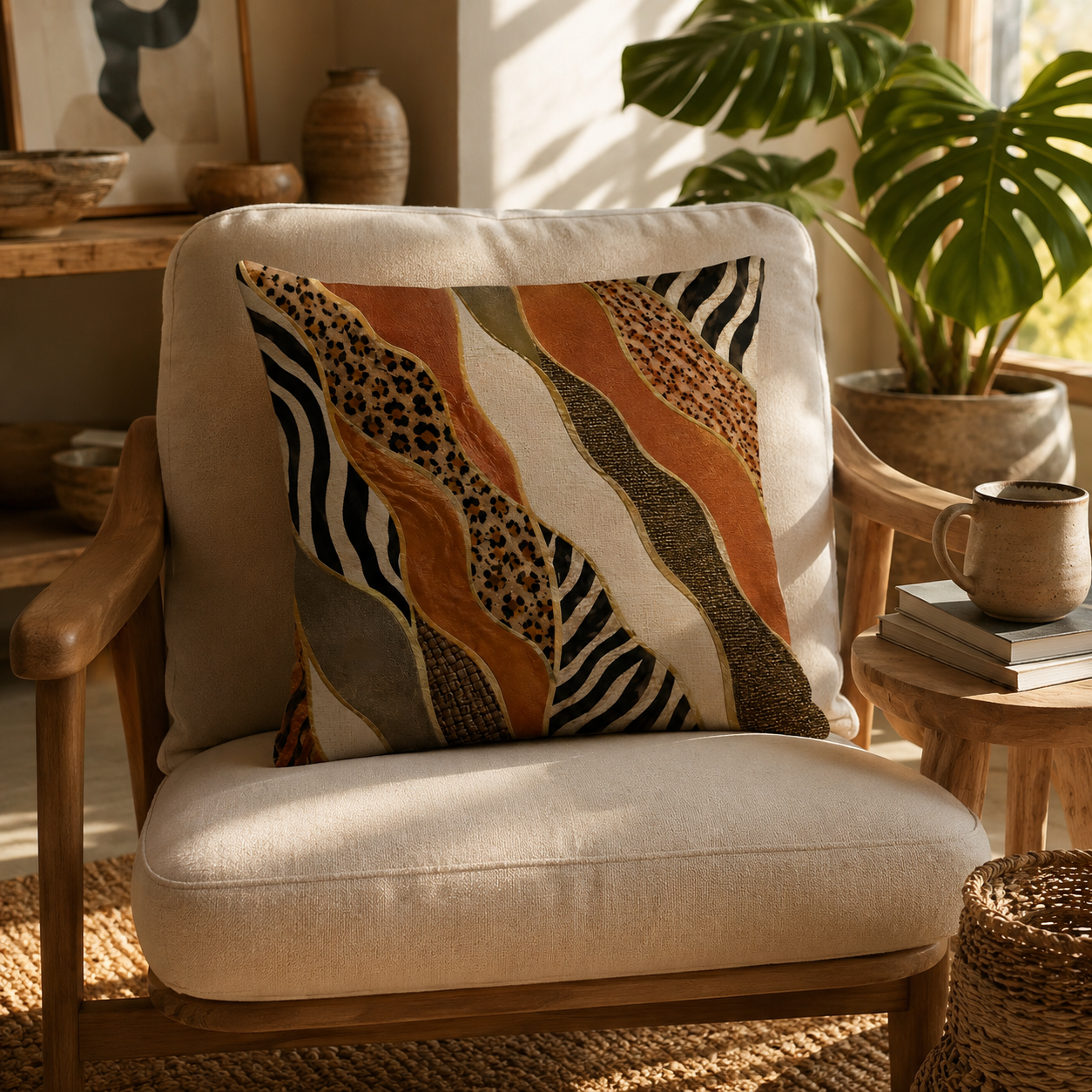 Wild animal print patchwork throw pillow cover sitting on a minimalist wooden armchair with plants.