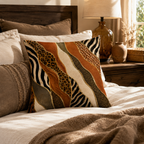 Earthy tone safari animal print pillow cover displayed on a bed with cozy neutral linens.