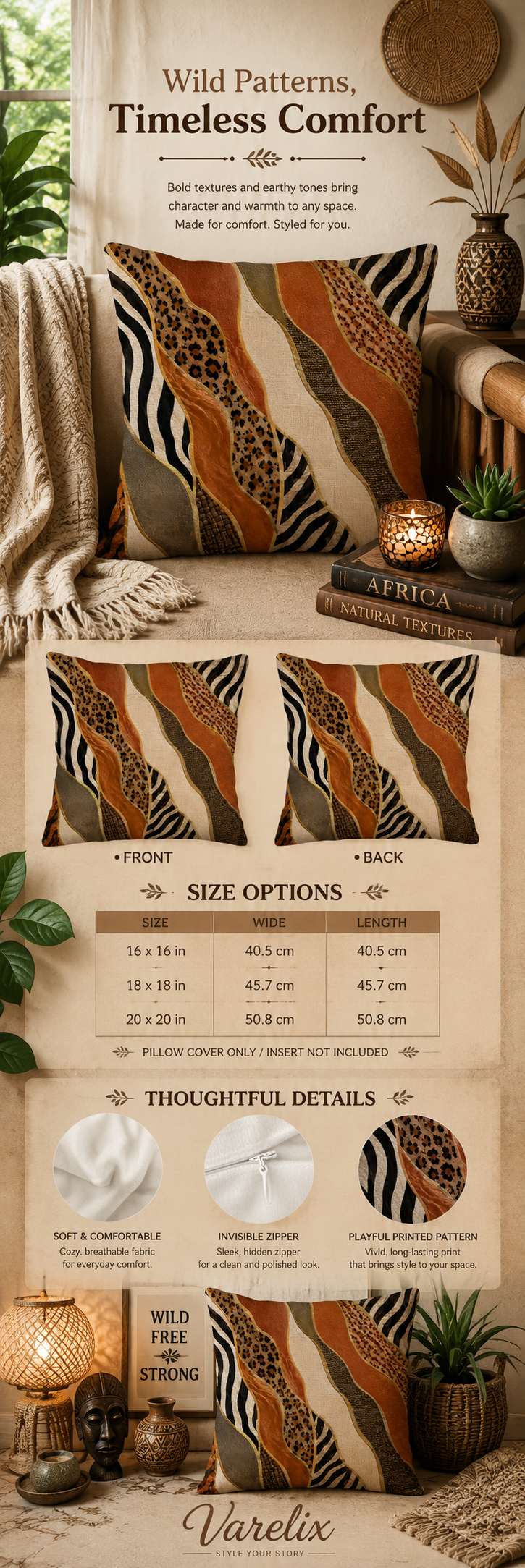 Comprehensive product infographic for safari animal print pillow cover showcasing sizes, zipper, and textured details.