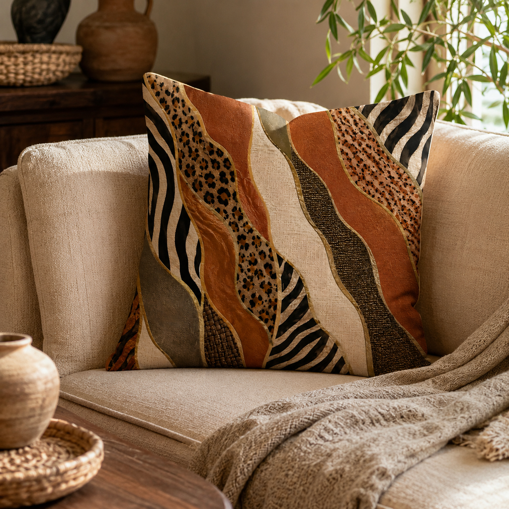 Safari theme mixed animal print throw pillow cover styled on a modern beige sofa couch.