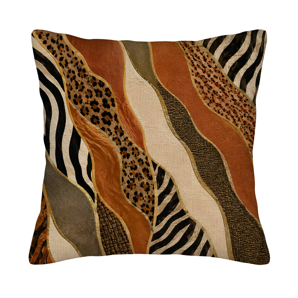 Square safari mixed animal print patchwork throw pillow cover isolated on a clean white background.