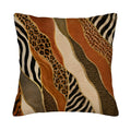 Square safari mixed animal print patchwork throw pillow cover isolated on a clean white background.