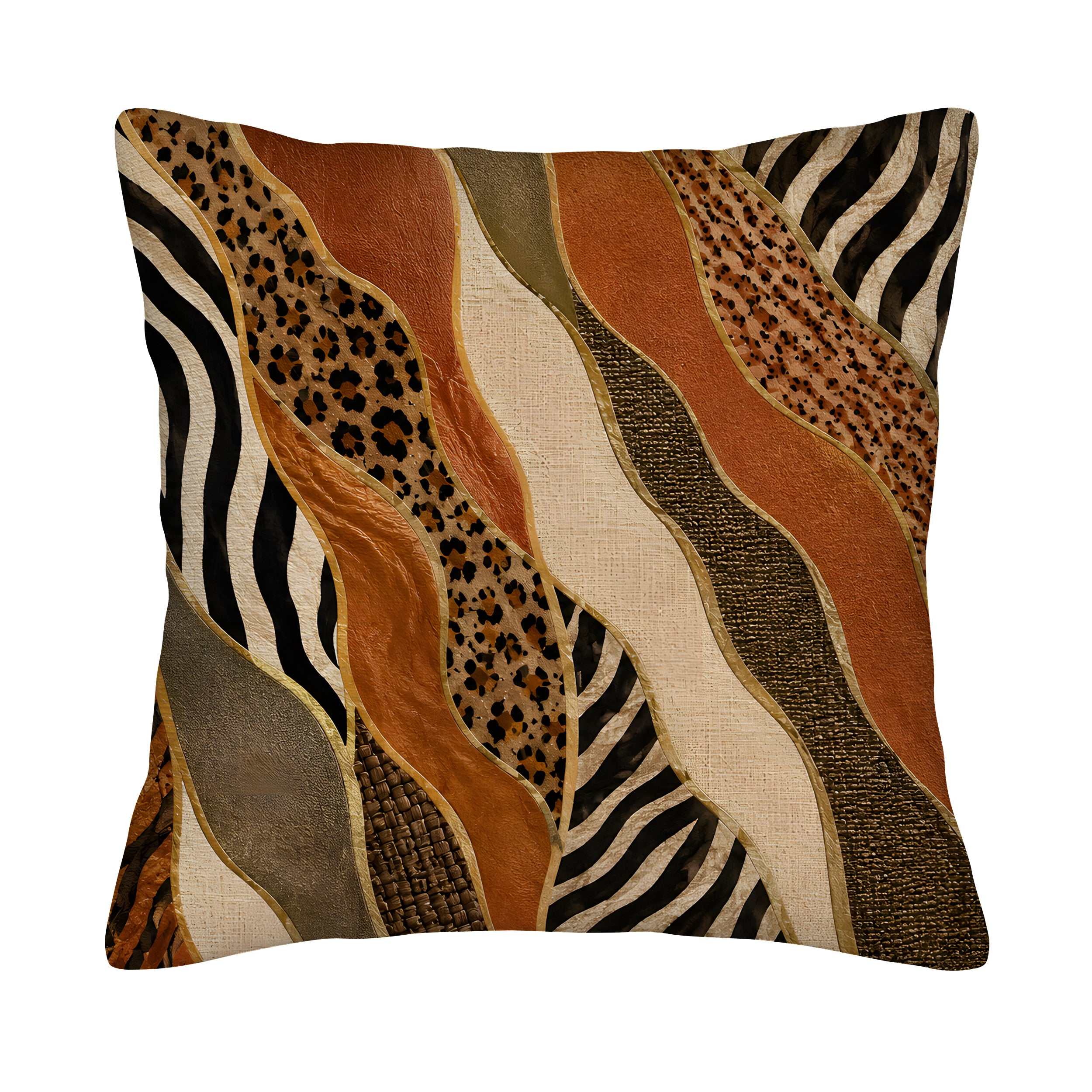 Square safari mixed animal print patchwork throw pillow cover isolated on a clean white background.
