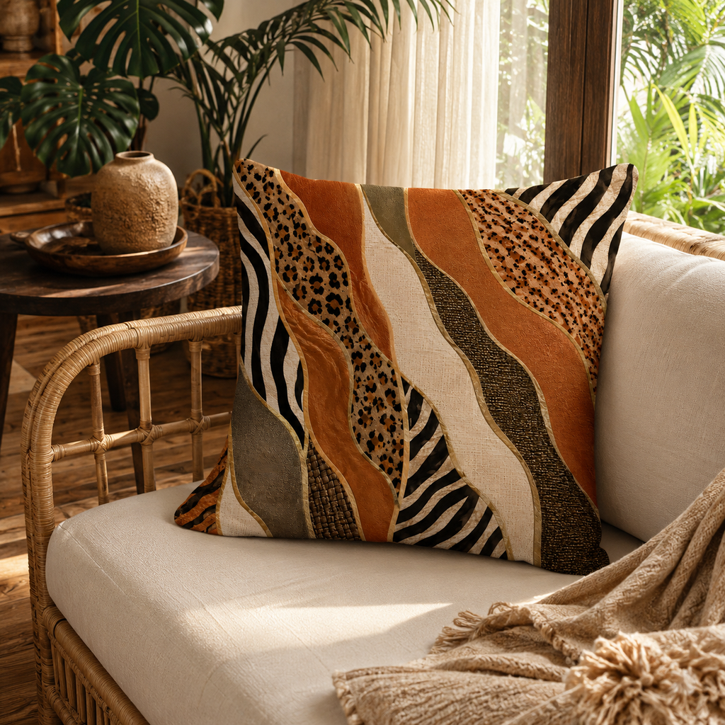Exotic safari animal print pillow cover arranged on a bohemian style rattan patio sofa chair.