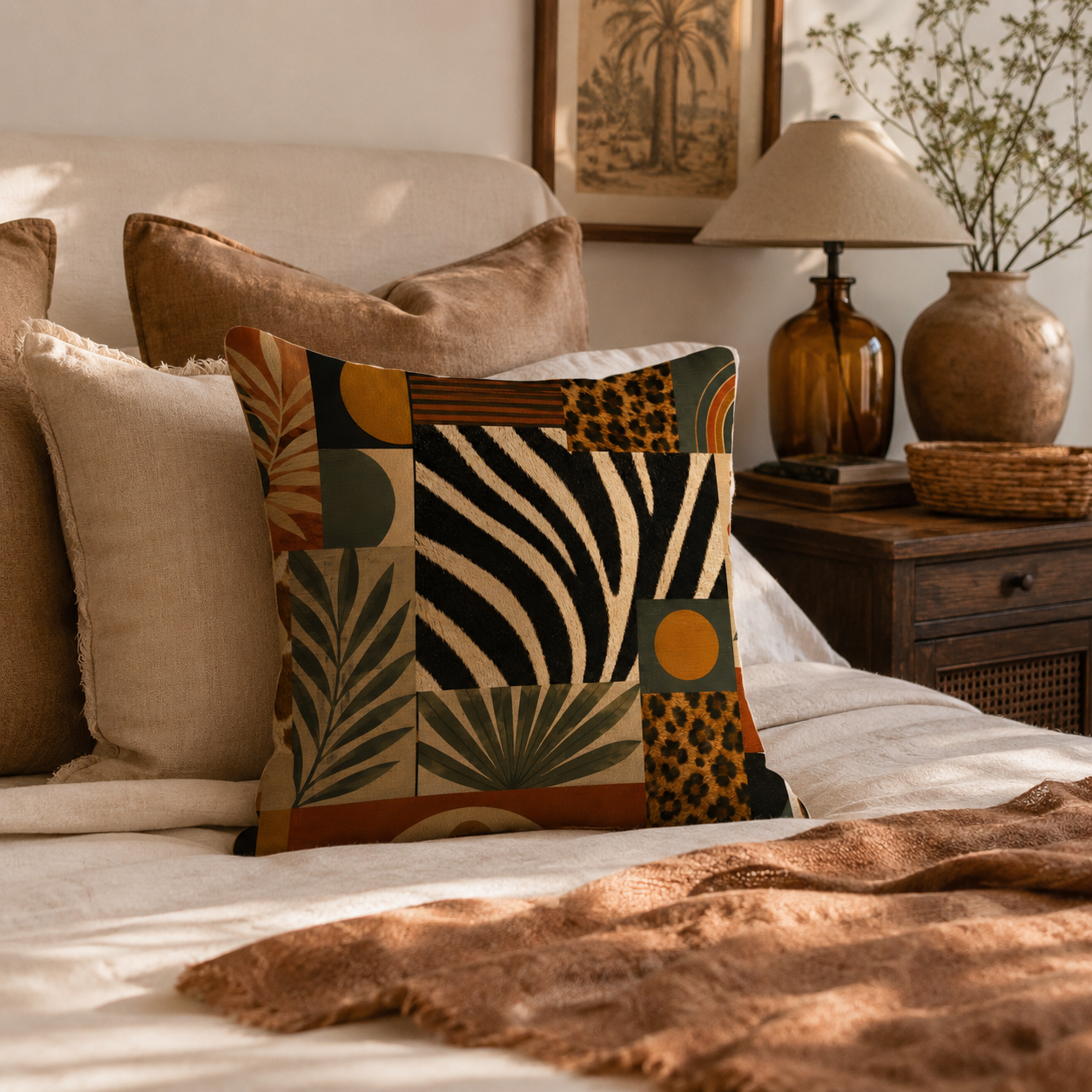 Modern safari themed pillow cover with zebra and cheetah patterns styling a warm, neutral-toned bed.
