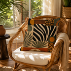 Wild animal print throw pillow cover featuring zebra stripes and palm leaves displayed on a rattan armchair.