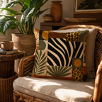 Decorative safari animal print cushion cover with rustic geometric elements on a comfortable woven chair.