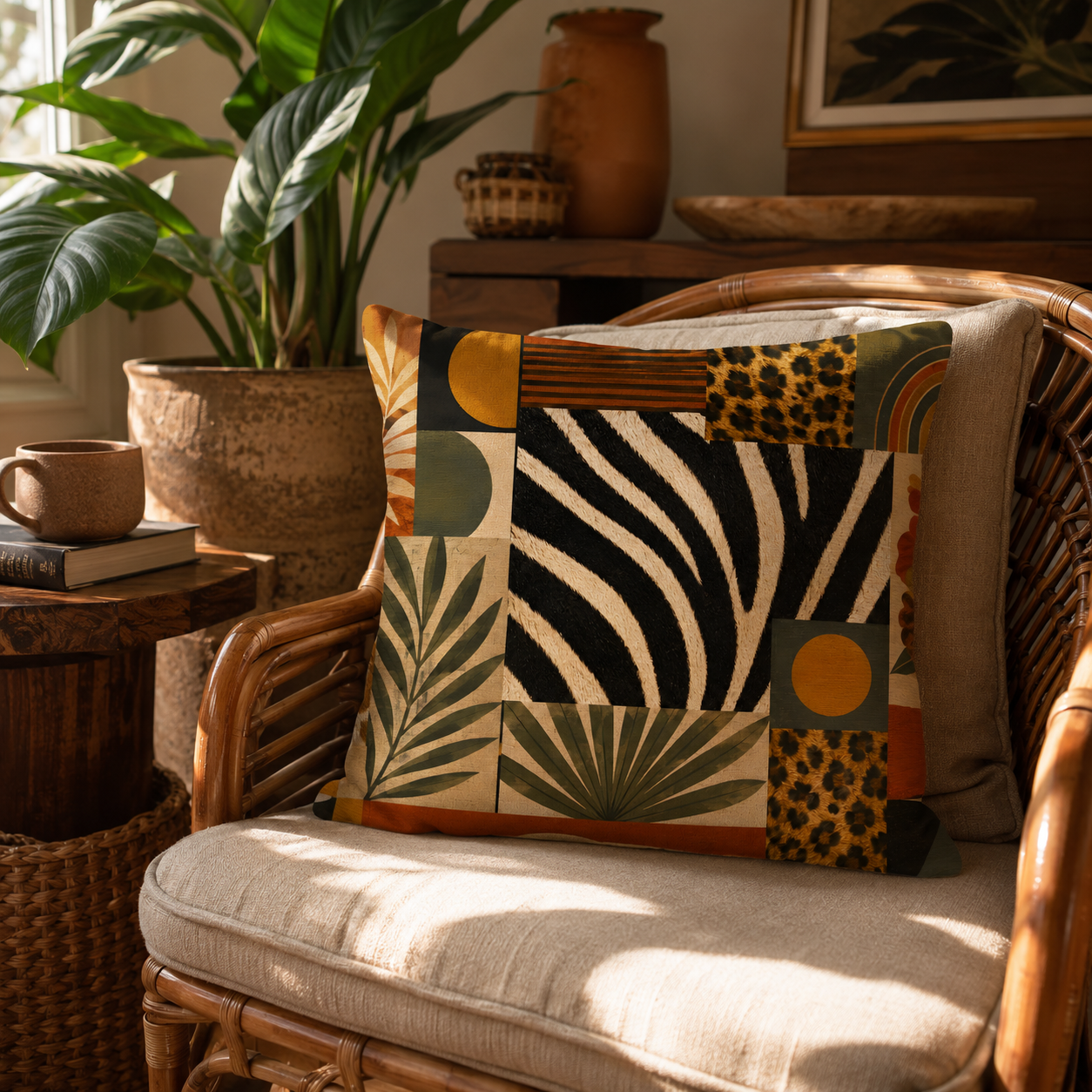 Decorative safari animal print cushion cover with rustic geometric elements on a comfortable woven chair.