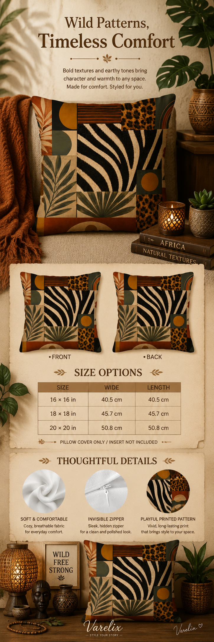 Infographic showing size options, fabric details, and a hidden zipper for the safari print pillow cover.