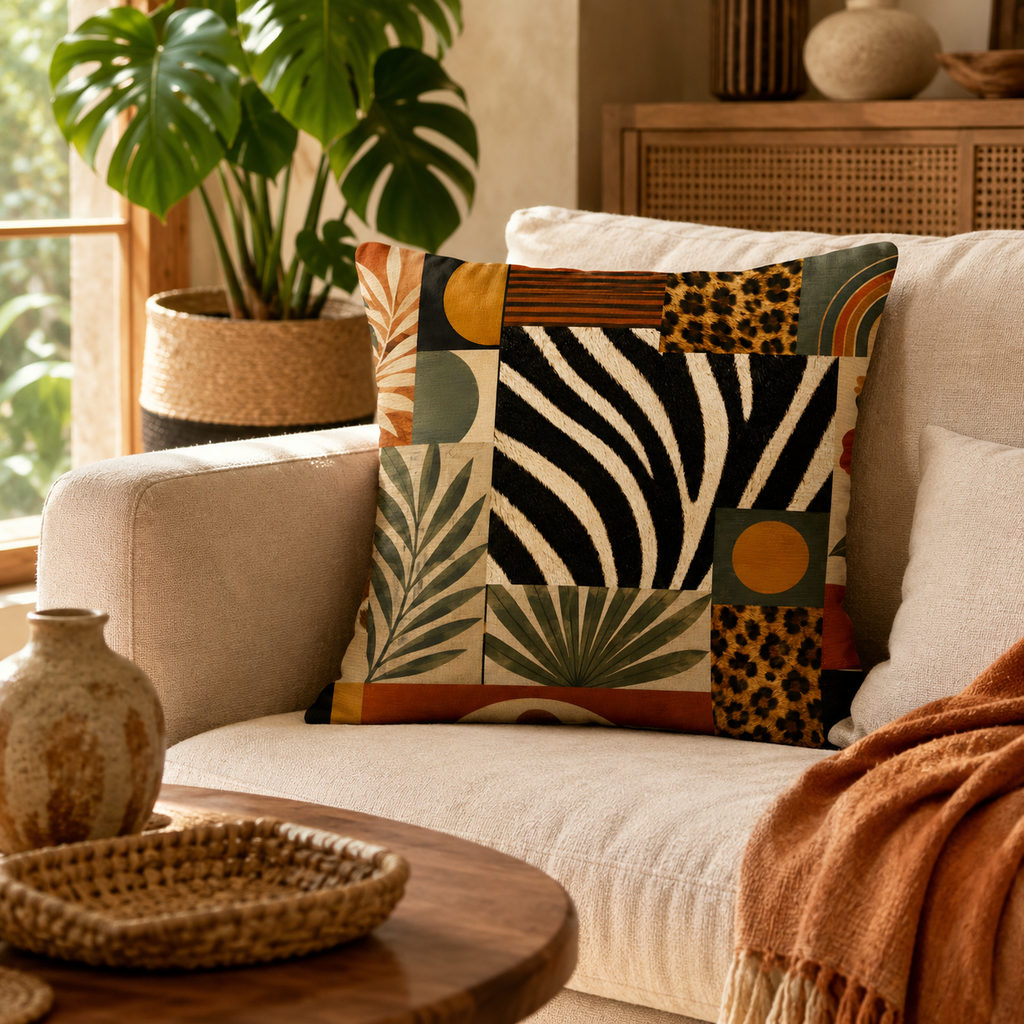 A bohemian safari style zebra and leopard print pillow cover on a cozy living room sofa.