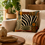 A bohemian safari style zebra and leopard print pillow cover on a cozy living room sofa.