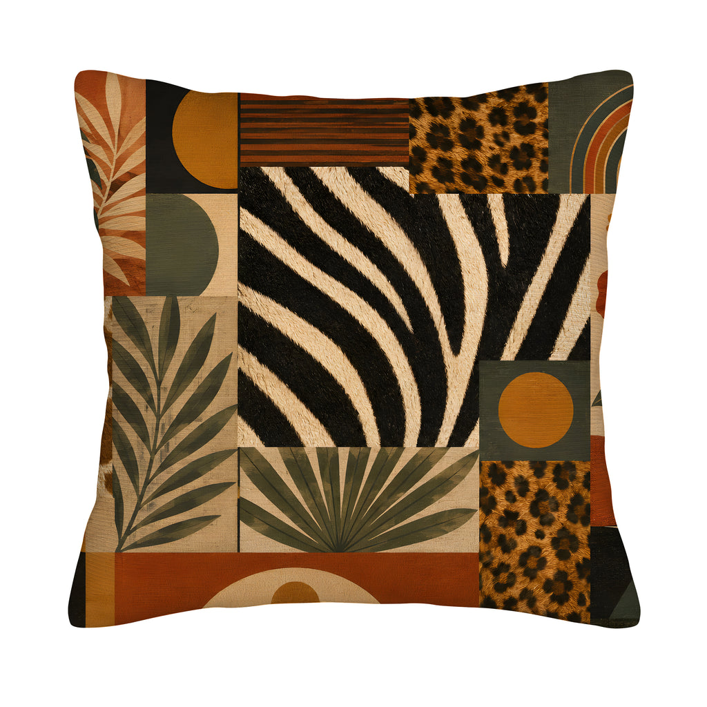 Square safari theme pillow cover with abstract zebra stripes, leopard spots, and botanical leaves on a white background.