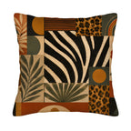 Square safari theme pillow cover with abstract zebra stripes, leopard spots, and botanical leaves on a white background.