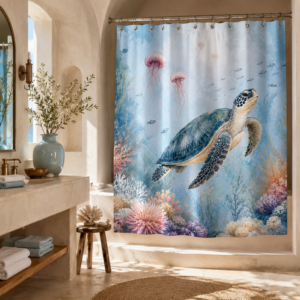 Artistic sea turtle and marine ecosystem shower curtain hanging in a mediterranean style bathroom with neutral plastered walls and warm lighting.
