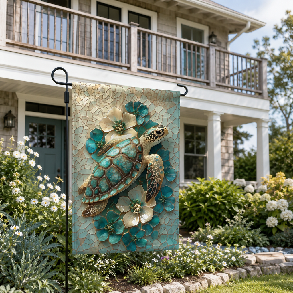 Sea turtle floral garden flag displayed in front of a coastal cottage, surrounded by white daisies, hydrangeas, and green garden plants.