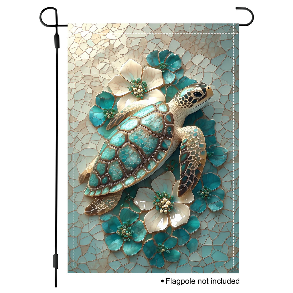 Sea turtle garden flag with a turquoise shell, cream and teal flowers, and a soft mosaic-style background.