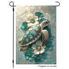 Sea turtle garden flag with a turquoise shell, cream and teal flowers, and a soft mosaic-style background.