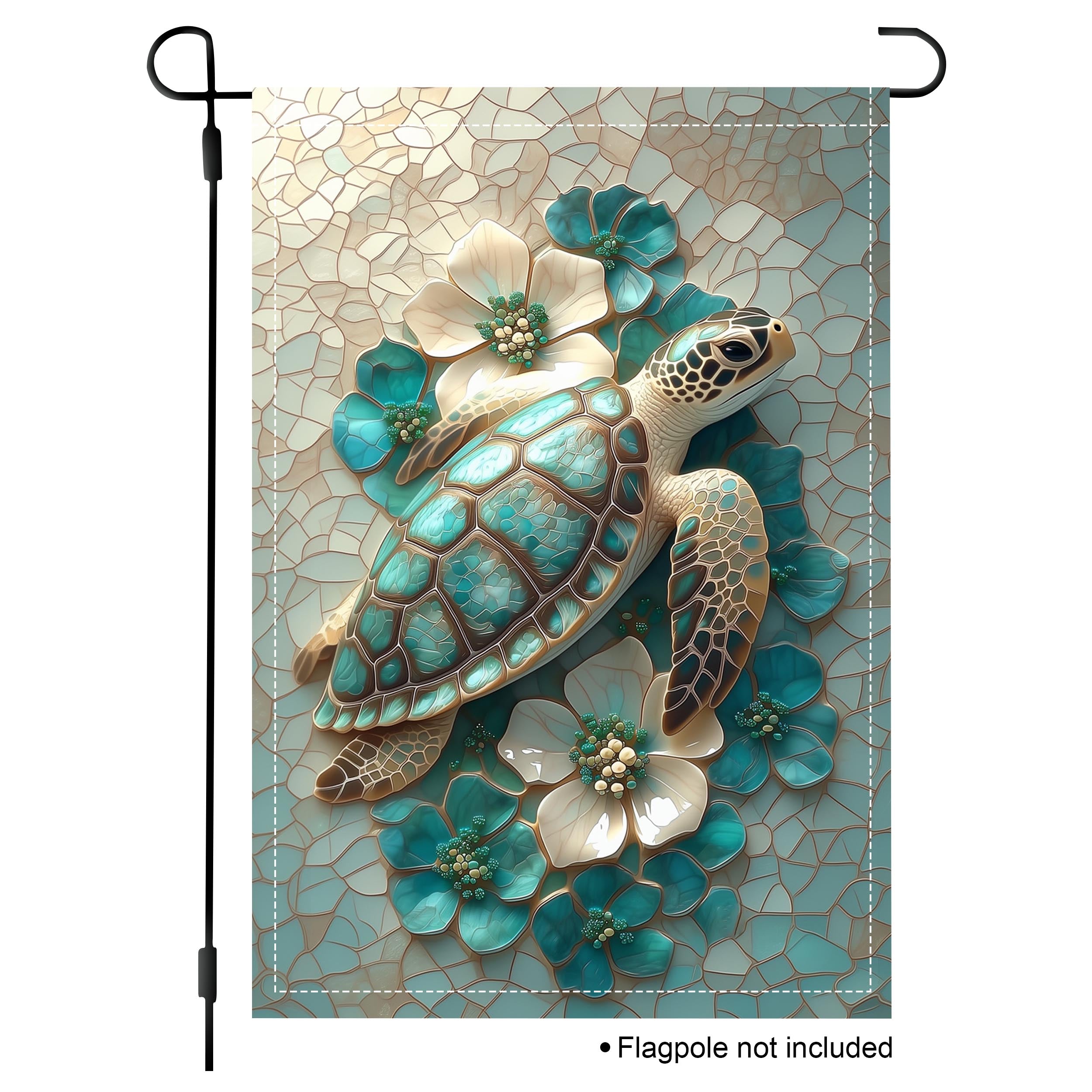 Sea turtle garden flag with a turquoise shell, cream and teal flowers, and a soft mosaic-style background.
