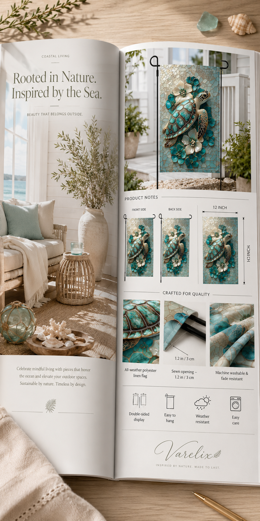Sea turtle floral garden flag product details shown in a coastal living magazine layout, with front and back display, size, fabric close-ups, sewn opening, and care features.