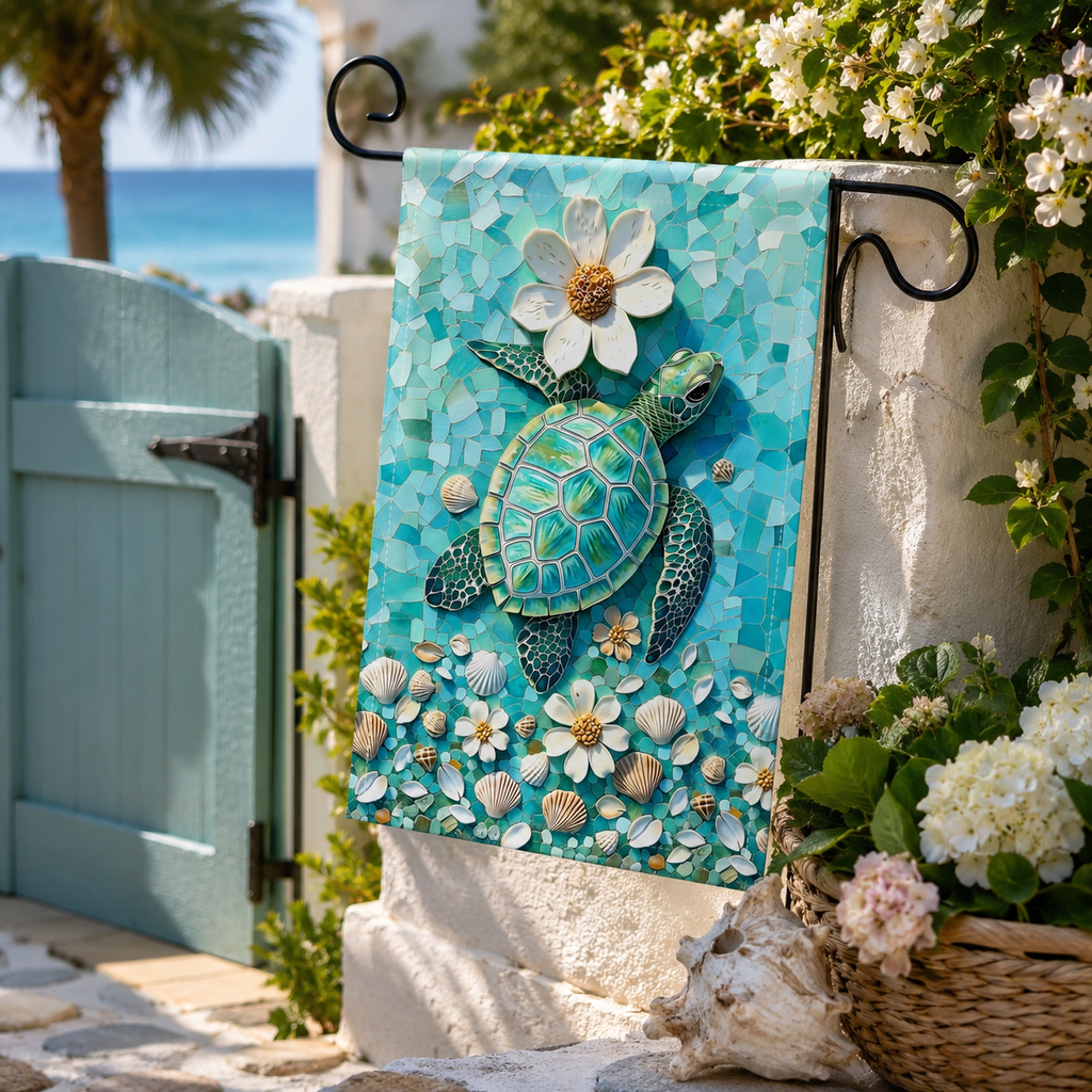 Sea turtle mosaic garden flag hanging near a coastal garden entryway