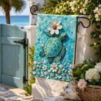 Sea turtle mosaic garden flag hanging near a coastal garden entryway