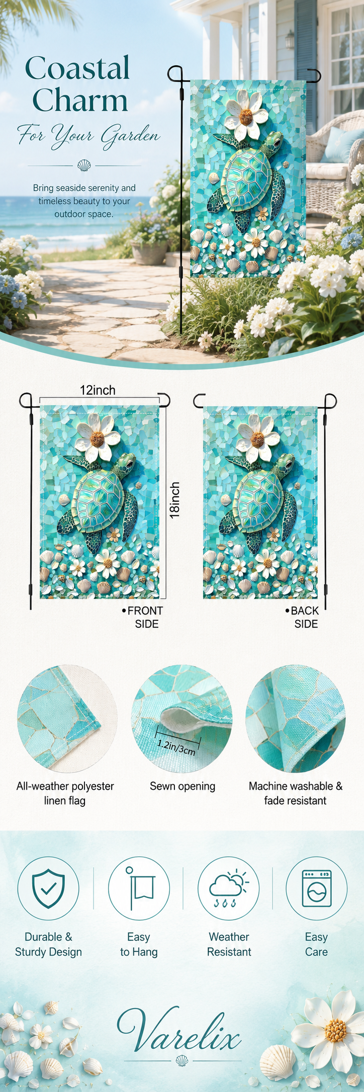 Sea turtle mosaic garden flag infographic showing size, fabric, and care details