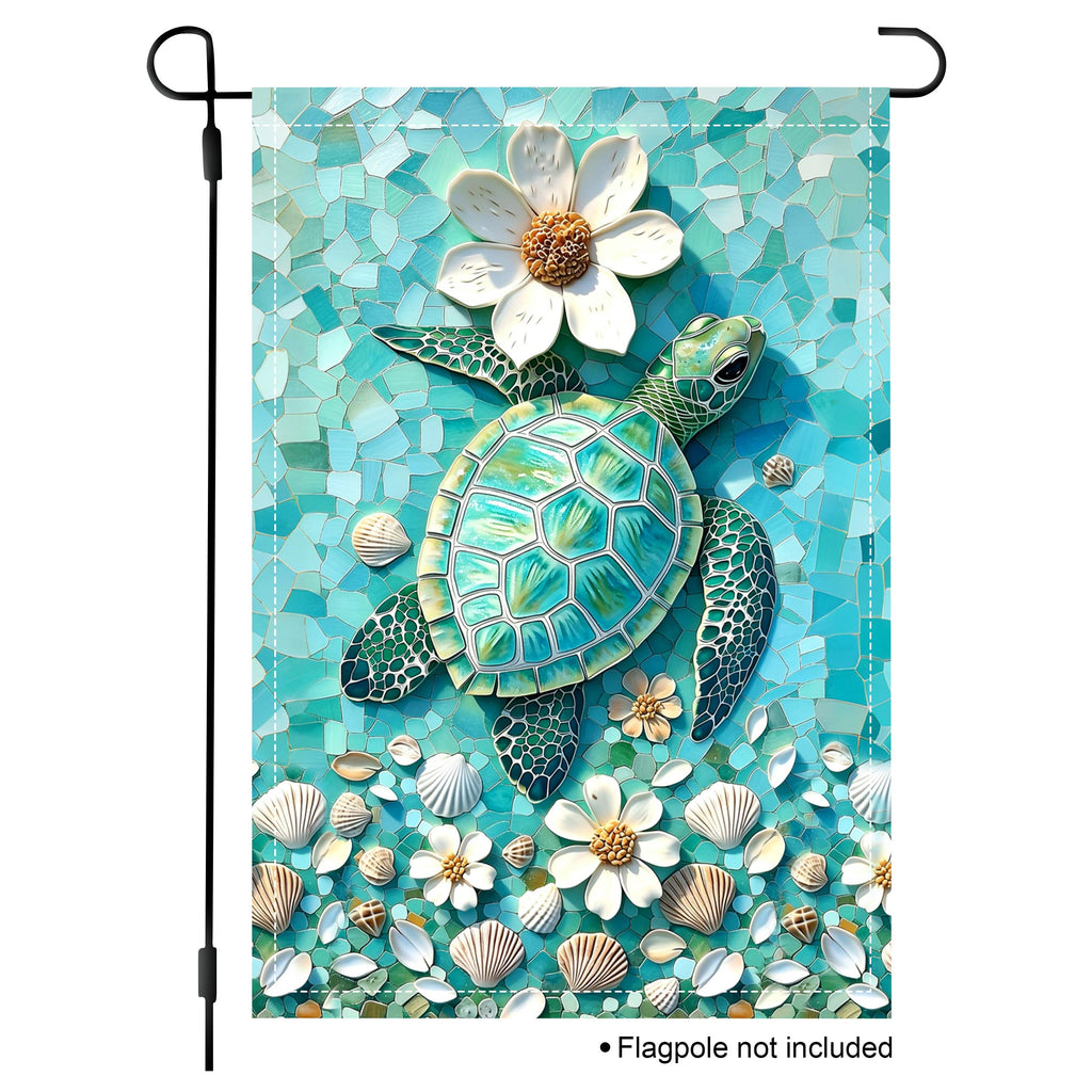 Sea turtle mosaic garden flag with shells, white flowers, and turquoise background